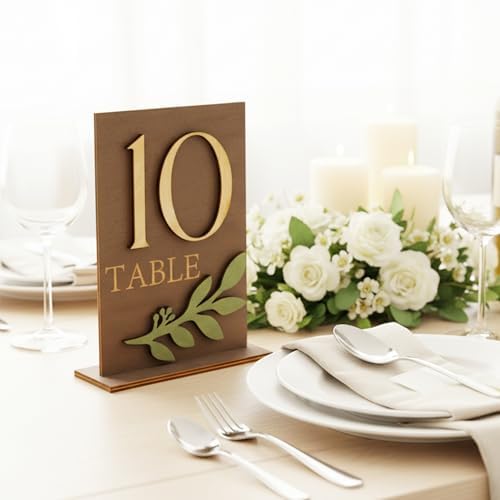 Wedding Table Numbers 1-20 with Holders, Elegant Wood Table Numbers with Eucalyptus Leaves for Wedding Reception, Centerpiece Decoration, Event, Party - Image 4