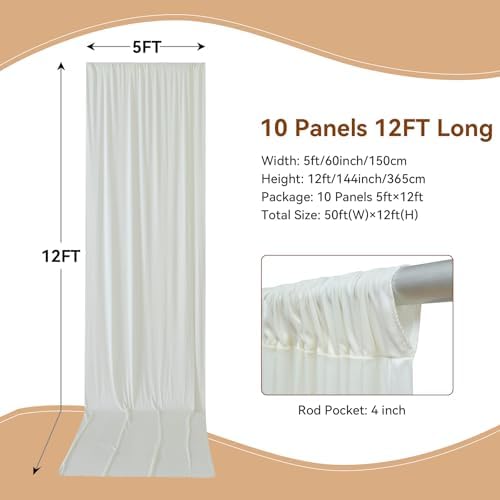 50×12ft Wrinkle Free Ivory Backdrop Curtain for Wedding Parties, 10 Panels 5×12ft Long Soft Silky Polyester Backdrop Drapes Cream Photo Back Drop Curtains for Party Photography Background Cloth - Image 2