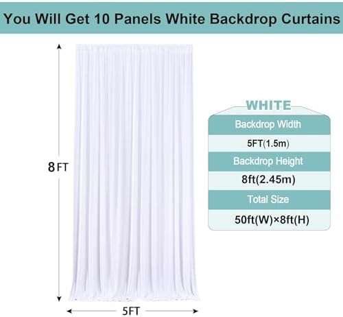 50ftx8ft White Wrinkle Free Backdrop Curtains for Parties, 10 Panels 5×8ft Silky Soft Polyester Wedding Drapes for Backdrop Decor Birthday Party Baby Shower Photo Photography Background Curtain - Image 2