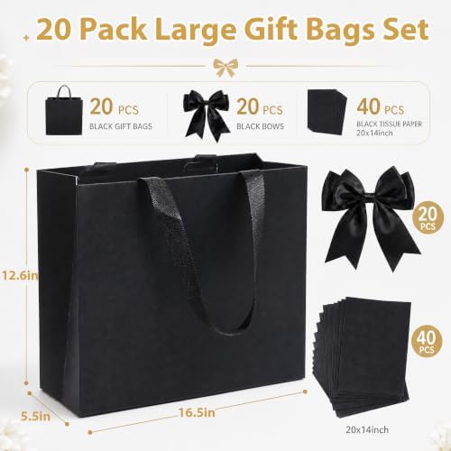 Catlovecorn 20 Pack Large Black Gift Bags, 16.5 x 5.5 x 12.6 In - Image 2