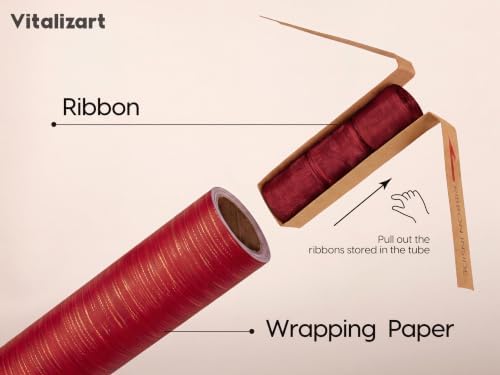 Vitalizart Red Textured Wrapping Paper Set 30" Organza Ribbon & Gift Tags - Image 3