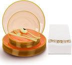 N9R 180PCS Orange Plastic Plates Gold Rim, Disposable Party Dinnerware Set by N9RTABLEWARE