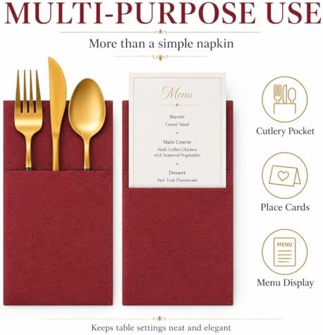 100Pcs Burgundy Napkins Disposable Linen Feel Dinner Paper Napkins with Built-in Flatware Pocket, 16in x 16in Airlaid Paper Pre-Folded Napkin for Silverware Baby Shower Easter Wedding Birthday Party - Image 7