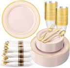 WDF Partyware 350PCS Pink Disposable Plates - Pink Plastic Plates 50Guests Plastic Dinnerware Sets with Rolled Napkins for Wedding/Birthday/Baby shower by WDF