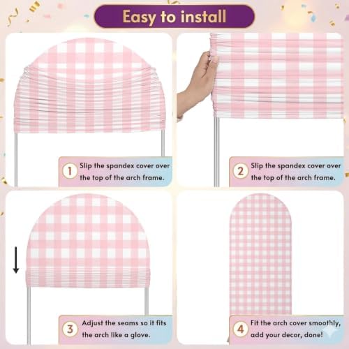 Pink Buffalo Arch Backdrop Cover 6.6 FT, Gingham Striped Pink Plaid Wedding Arch Cover Stretchy Romantic Rustic Backdrop Stands Covers for Birthday Bridal Party Celebration Ceremony Banquet Decor - Image 6
