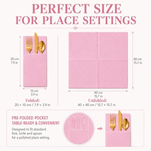 100Pcs Light Pink Napkins Disposable Linen Feel Dinner Paper Napkins with Built-in Flatware Pocket, Airlaid Paper Pre-Folded Napkins for Silverware Baby Shower Wedding Birthday Party - Image 2