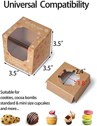 Happyhiram 50 Pack Kraft Brown Single Christmas Cupcake Boxes with Inserts - Image 3