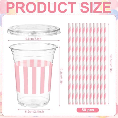 Sliner 50 Sets Pink White Striped Plastic Cups 16oz - Image 3