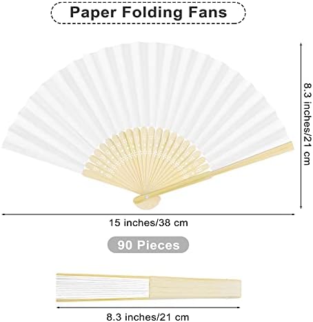 Aodaer 90 Pieces Paper Folding Fans Bamboo Handheld Fans Paper Folded Fans for Wedding Gift, Party Favors, DIY, Home Decoration, White - Image 2