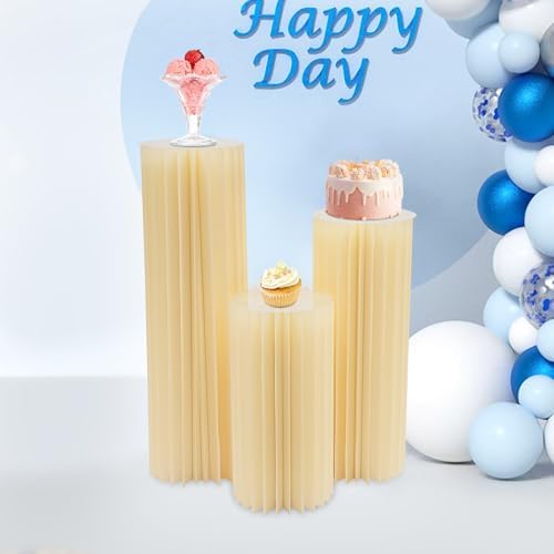3 Pieces Cylinder Stands with Lights Foldable Cardboard Centerpiece Display White Reusable Pedestal Stands Foldable Paper Columns Pillars Display for Parties Wedding Birthday Decor - Image 2