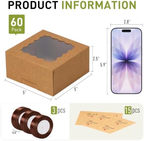 5x5x2.5 Auto-Popup Small Cookie Boxes with Window, Brown, 60 Pack - Image 2