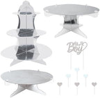 Beistle It’s A Boy Dessert Display Bundle – Silver Metallic Cupcake Stand, 2-Tier Cake Stands & Glitter “It’s A Boy” Cake Topper with Heart Picks, Baby Shower & Reveal Party Supplies for Food Tables by Beistle