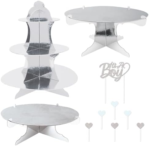 Beistle It’s A Boy Dessert Display Bundle – Silver Metallic Cupcake Stand, 2-Tier Cake Stands & Glitter “It’s A Boy” Cake Topper with Heart Picks, Baby Shower & Reveal Party Supplies for Food Tables by Beistle
