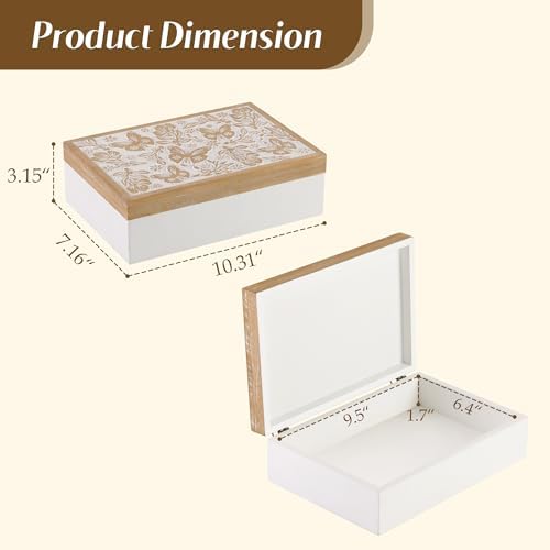 Wooden Keepsake Box - Decorative Wood Boxes with Hinged Lid, Butterfly Engraved Design, 10.24" W - Image 5