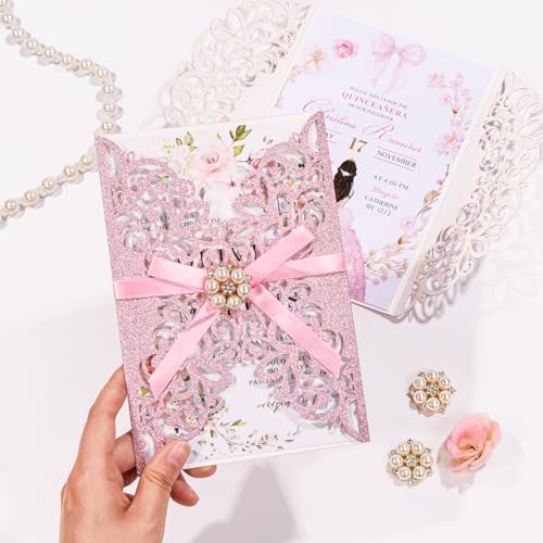 25 PCS Pink Personalized Glitter Laser Cut Wedding Invitation Pockets - Image 5