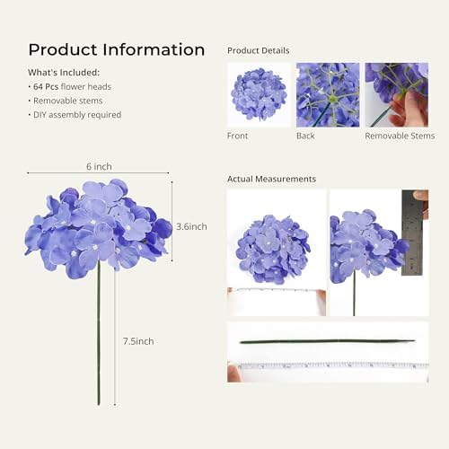 Auihiay 64Pcs Purple Hydrangea Artificial Flowers, Faux Hydrangea Flowers - Image 3