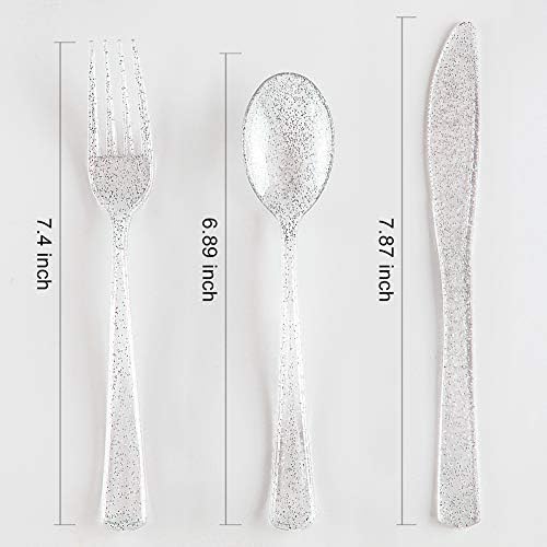 WDF 150pcs Silver Plastic Plates Disposable - Winter Wonderland Party Decorations include 50 Dinner And Salad Plates,25 Forks, 25 Knives, 25 Spoons& 10oz Plastic Cups - Image 4