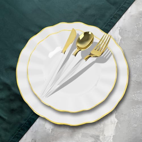 150Pcs Plastic Plates with Gold Rim,Heavy Duty White Plates for 30 Guests,Plastic Dinnerware Set Include 30 Dinner Plate,30 Dessert Plate,90 Gold Cutlery Set for Party (White) - Image 3