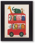 Vintage Framed Cute Colorful Animal Canvas Wall Art Modern Funny Kids Posters Safari Animals On Red Bus Scene Prints For Toddler Bedroom Nursery Wall Decor 16x20 inch by Medpol