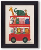 Vintage Framed Cute Colorful Animal Canvas Wall Art Modern Funny Kids Posters Safari Animals On Red Bus Scene Prints For Toddler Bedroom Nursery Wall Decor 08x10 inch by Medpol