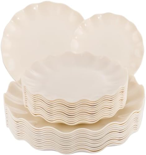 LIYH 24 Pcs Plastic Plates Reusable,Unbreakable Dinner Plates, Scalloped Plastic Plates, Dishwasher Safe,Ivory Plate Sets Perfect for Parties, Birthday, Picnics, BPA Free(12Guests) by LIYHLoveinyourheart