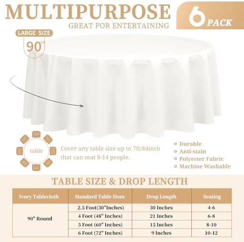 Showgeous 90 Inch Ivory Round Tablecloths, Polyester Table Covers - Image 2