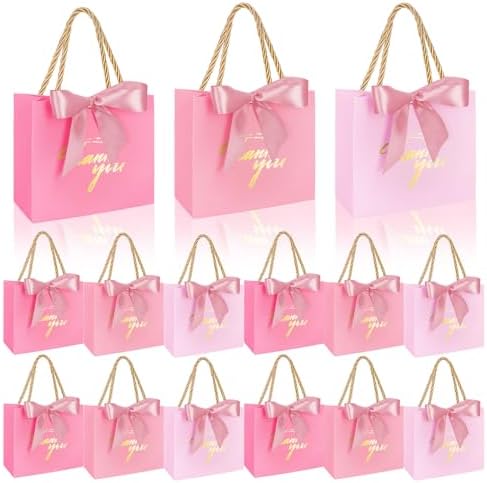 Whaline 60 Pcs Thank You Gift Bags with Ribbon Small Gradient Pink Paper Party Favor Bags with Handles for Wedding Bridal Baby Shower Birthday Party, 5.5 x 4.8 x 2.5 inch by Whaline