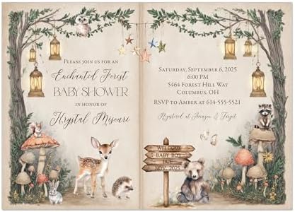 Storybook Baby Shower Invitations Enchanted Forest Woodland Animals Deer Fox Raccoon Rustic Greenery Fairy Lights Book Theme Personalized Party custom printed invitations by Handmade
