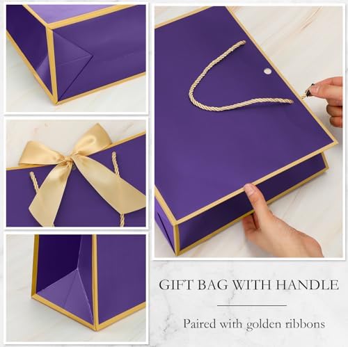 Silkfly 24 Pcs Paper Gift Bags with Handles & Bow Ribbon, Purple, Gold - Image 3