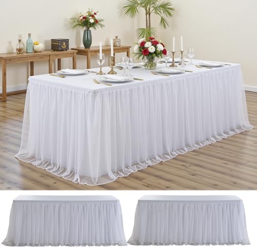 White Tulle Tablecloth for 6 Ft Rectangle Tables 2-Pack, Ideal for Weddings by PartyVillage