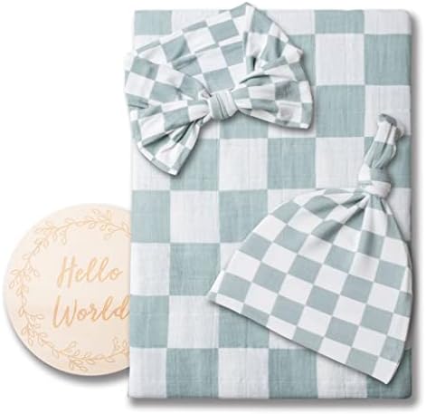 Miaoberry 100% Organic Muslin Swaddle Set| Sage Green Checkered - Image 6