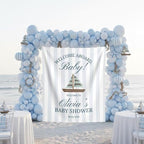 Custom Welcome Aboard Baby Shower Banner, Personalized Nautical Sailboat Backdrop, Blue Striped Coastal Tapestry, Ocean Baby Sprinkle Party Decoration, Newborn Photo Prop, Boy Girl Shower Sign by Unknown