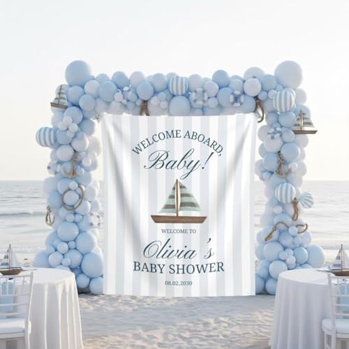 Custom Welcome Aboard Baby Shower Banner, Personalized Nautical Sailboat Backdrop, Blue Striped Coastal Tapestry, Ocean Baby Sprinkle Party Decoration, Newborn Photo Prop, Boy Girl Shower Sign by Unknown