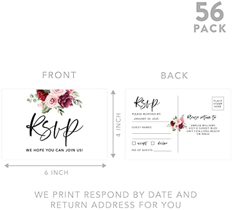 Andaz Press 56-Pack Personalized RSVP Postcards for Wedding Pink and Burgundy Floral Cardstock Response Reply Cards for Bridal Shower Baby Shower Birthday Event Custom Date Return Address 4 x 6-Inch - Image 5