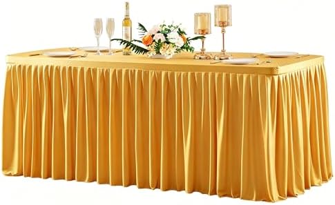 Wish Care Gold Polyester Table Clothes for 4 Foot Rectangle Tables, Wrinkle Free Fitted Table Cover with Pleated Ruffle Table Skirt for Birthday Party Wedding Trade Show Event Display by WishCare
