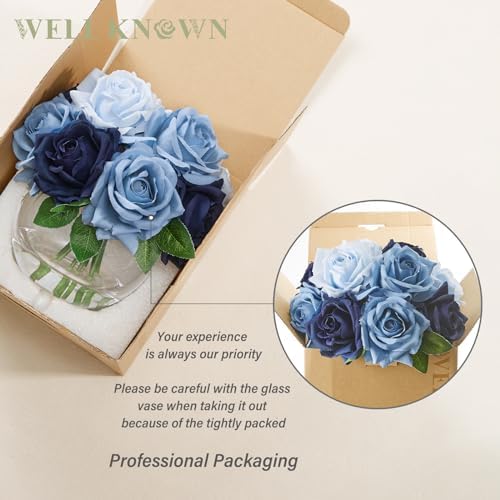 WELL KNOWN Silk Rose Artificial Flowers with Vase Artificial Rose Flower Arrangements in Round Bowl Vase with Faux Water for Home Table Decoration (Bicolor Blue) - Image 5