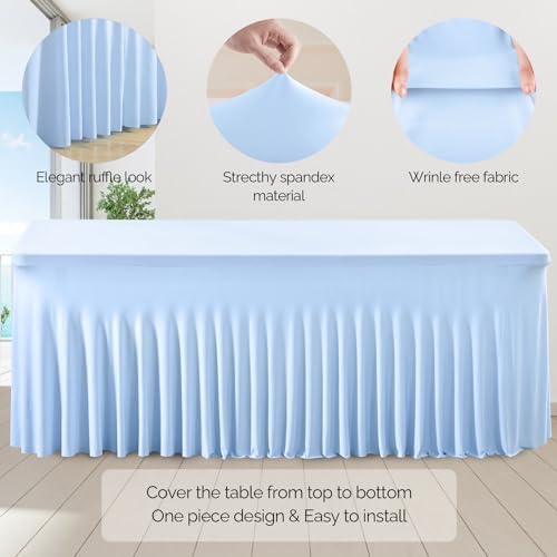 Wish Care 6 Pack Baby Blue Spandex Table Clothes for 6 Foot Rectangle Tables, 6FT Wrinkle Free Fitted Tablecloths Ruffles Design Table Cover for Party, Banquet, Wedding and Events - Image 2