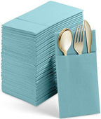 Linen-Feel Dinner Napkins With Flatware Pocket, Pale Blue, 50-Pack by SERVIETTO