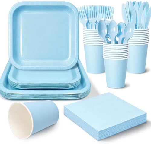 Vyntra 350 Pcs Light Blue Square Paper Plates and Napkins Set, Serves 50 by PartyTablewareSupplies