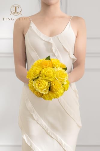 TINGE TIME 23pcs Artificial Wedding Flower Combo, Rose Pompon Mums Yellow - Image 5
