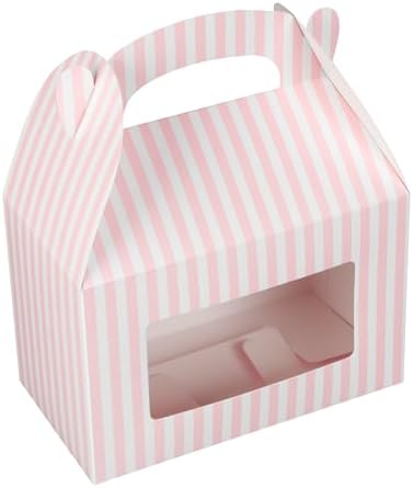 Restaurantware Gable Gift Boxes Pack of 100 Paper Treat Boxes 8.5 x 4.75 x 5.5 Inches With Window, Disposable Design Pink and White Containers for Weddings or Birthdays by Restaurantware