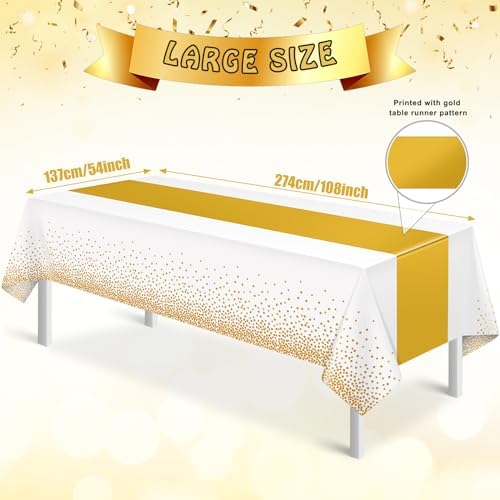 12Pcs White and Gold Tablecloth Party Decorations,Plastic White Table Cloth Printed Gold Table Runner Disposable Rectangle Tables Cover for Birthday Wedding Anniversary Graduation Party,54 x108 Inch - Image 3