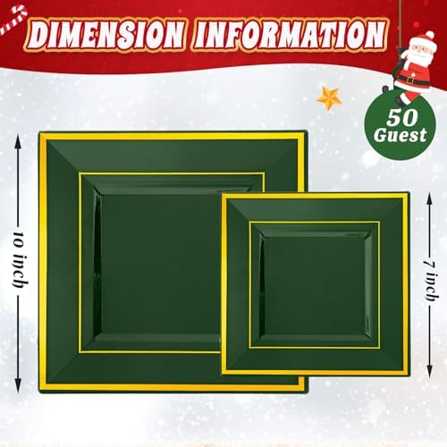Liacere 100PCS Green and Gold Square Plastic Plates-50PCS Heavy Duty 9.5inch Disposable Dinner Plates and 50PCS 6inch Green Dessert Plate - Gold Plastic Plate for Party&Wedding - Image 6