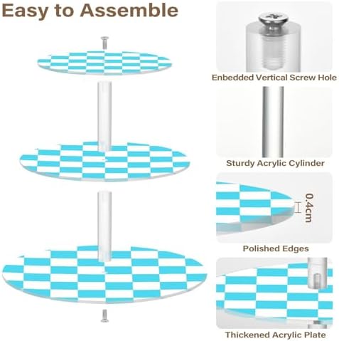 J JOYSAY Chess Checkerboard White Light Blue Pattern Acrylic Cupcake Stand 3 Tier Dessert Table Display Set Clear Cake Stands for Wedding Party Baby Shower Decorations Easy Assembly Pastry Tower - Image 2