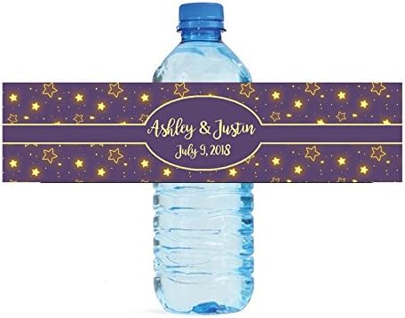 Glowing Stars on Purple Background Wedding Anniversary Birthday Water Bottle Labels by DesignThatSign