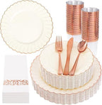 YOUBET 175PCS Ivory Scalloped Plastic Plates with Rose Gold Rim for Party by YOUBET