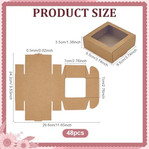 BENECREAT 48Pcs 3.7x3.7x1.4inch Square Brown Kraft Paper Boxes with Clear Windows for Wedding Party Favor, Bakery, Jewelry, Festival Gift Packaging - Image 2