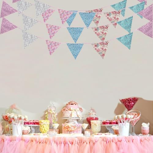 Zwiebeco 32Ft Pink Blue Purple Floral Fabric Bunting Triangle Flag Cotton Flower Pennant Banner Decoration for Birthday Wedding Engagement Baby Shower Tea Party Spring Rustic Village Home Garden Décor - Image 5