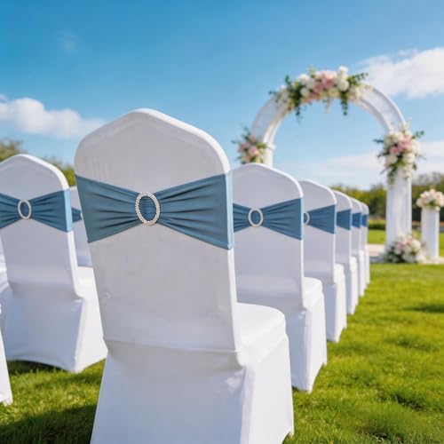 Pack of 100 Dusty Blue Chair Sashes Bows Spandex Chair Bands Silver Buckles - Image 5