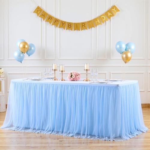 Baby Blue Tablecloths for 8 Foot Rectangle Tables Tulle Tablecloth Fitted Light Blue Table Cloth Rectangle 8ft Stretch Spandex Table Covers for Baby Shower Boy Birthday Party Banquet Desk Table Skirt - Image 2